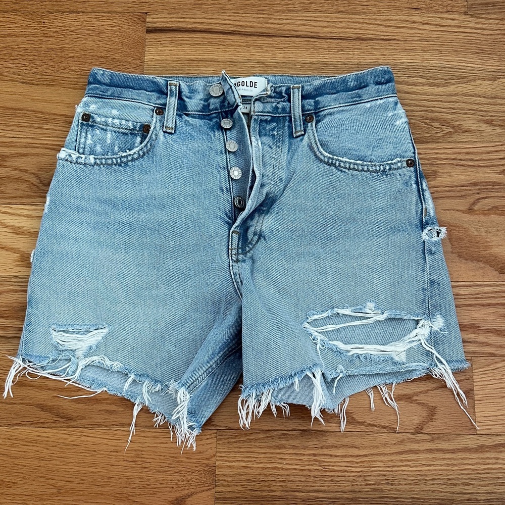 Agolde Light Blue Distressed Jean Shorts